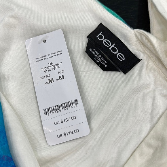 Bebe White Mini Dress with One Shoulder Asymmetric Sheer Printed Draped Cover -M - Picture 8 of 8